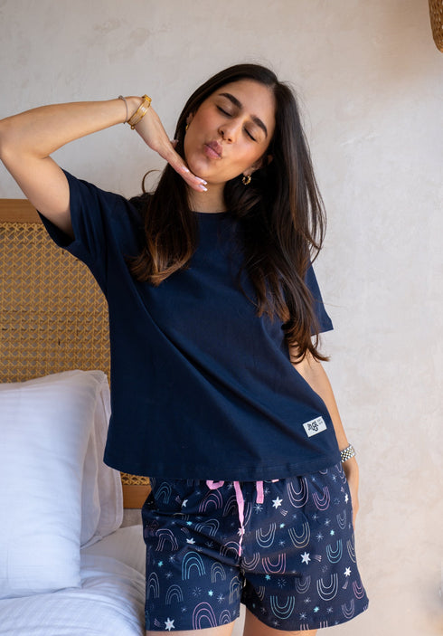 Women Summer Pajama set Dark Blue T-shirt + Stars Shorts